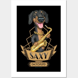 Cute Musical Doxie Dog with saxophone on Saxy Dachshund Dog Posters and Art